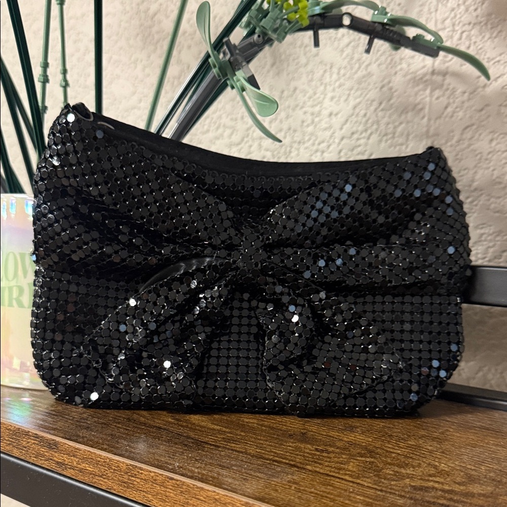 Express Black Sequin Bow Clutch